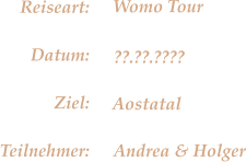 Aostatal Womo Tour ??.??.???? Andrea & Holger Reiseart: Datum: Ziel: Teilnehmer: