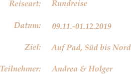 Auf Pad, Sd bis Nord Rundreise 09.11.-01.12.2019 Andrea & Holger Reiseart: Datum: Ziel: Teilnehmer: