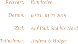 Auf Pad, Süd bis Nord Rundreise 09.11.-01.12.2019 Andrea & Holger Reiseart: Datum: Ziel: Teilnehmer: